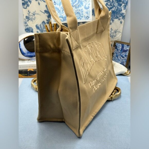 🆕 GANNI 🧿 NWOT Large Easy Shopper Tote Bag, Beige Canvas & Beige Embroidery - Picture 4 of 14